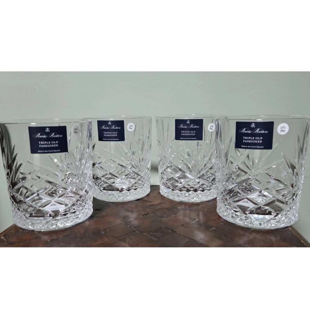4 Brooks Brothers Triple Old Fashioned Euro Crystal Whiskey Glasses Czech New